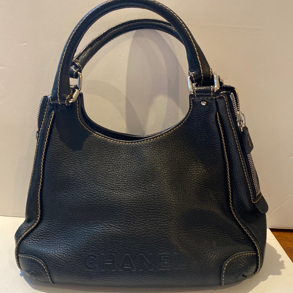 Chanel Lax Black Pebble Leather Shoulder Bag, Silver Zipper trim, embossed logo